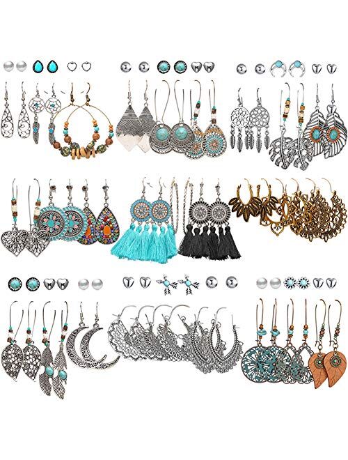 17 MILE 45 Pairs Fashion Hollow Drop Dangle Earrings Set for Women Girls Bohemian National Style Eardrop with Bronze Waterdrop Leaf Feather Shaped Vintage Jewelry for Gif