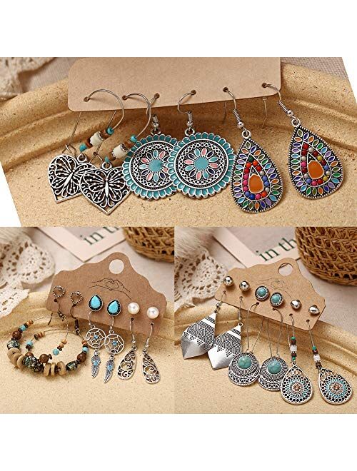 17 MILE 45 Pairs Fashion Hollow Drop Dangle Earrings Set for Women Girls Bohemian National Style Eardrop with Bronze Waterdrop Leaf Feather Shaped Vintage Jewelry for Gif