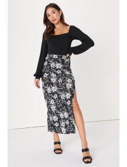 Cute Intentions Black Floral Print High-Waisted Midi Skirt