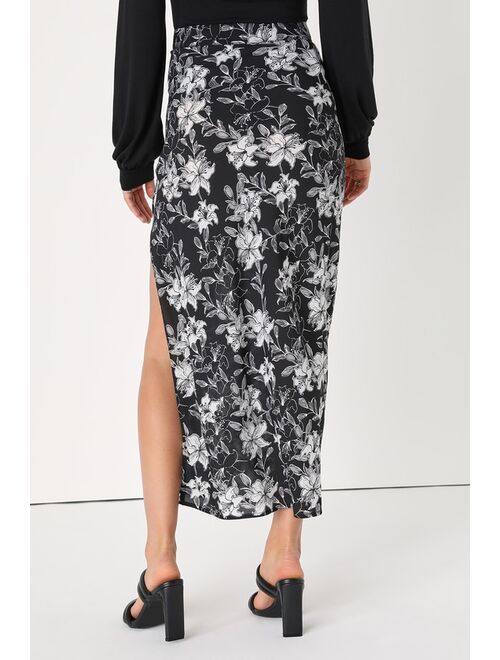 Lulus Cute Intentions Black Floral Print High-Waisted Midi Skirt