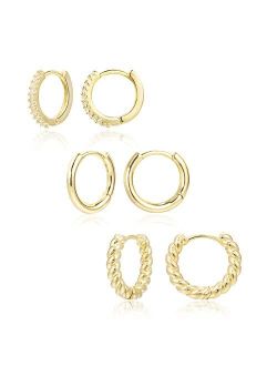 Alexcraft 3 Pairs Small Huggie Hoop Earrings Set 14K Gold Hypoallergenic Lightweight Huggie Hoops Earrings for Women Girls