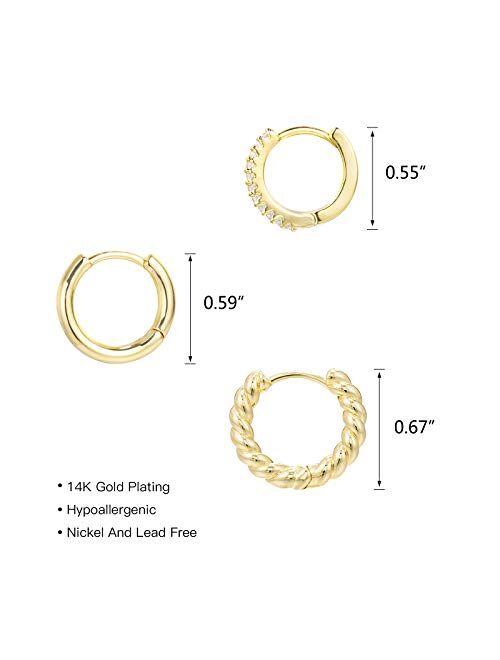 Alexcraft 3 Pairs Small Huggie Hoop Earrings Set 14K Gold Hypoallergenic Lightweight Huggie Hoops Earrings for Women Girls