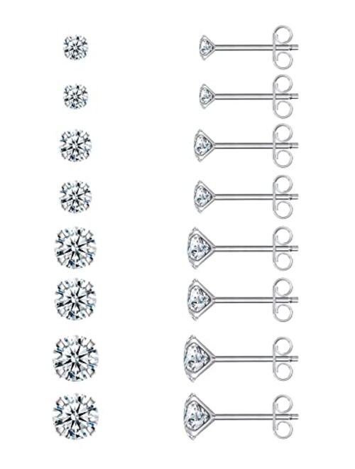 Earrings for Women, 7/8 Pairs Stud Earrings Set for Men Girl, COMOSO 18K White Gold Plated S925 Sterling Silver Cubic Zirconia Earrings Studs 3-8mm, Valentines Day Birthd