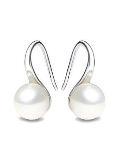 Pearlada 925 Sterling Silver Hoop Handpicked AAA+ Quality 7.5-8mm White Freshwater Cultured Pearl Dangle Drop Earrings Jewelry for Women Girls