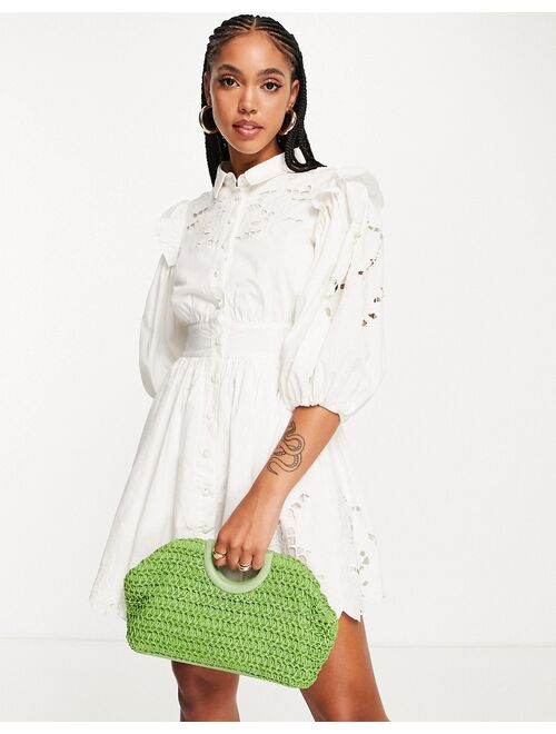 ASOS EDITION cutwork embroidered puff sleeve mini dress in white