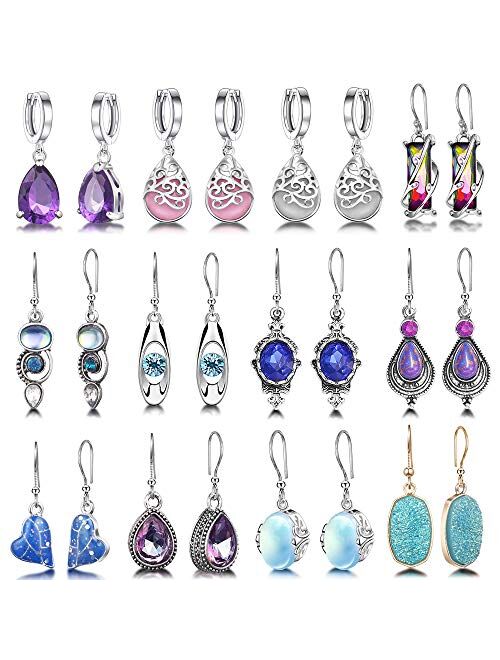 Hefanny 12 Pairs Teardrop Druse Crystal Drop Dangle Earrings for Women Girls Cubic Zirconia Huggie Hoop Earring Jewelry Set Christmas Gifts