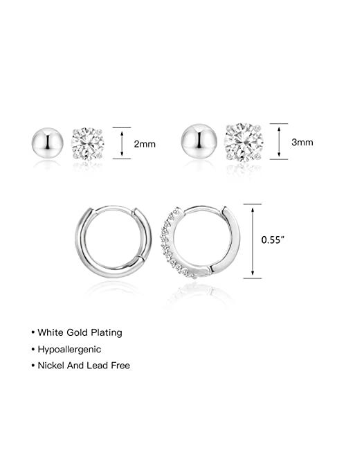Alexcraft Earring Sets for Multiple Piercing | 14K Gold Plated Studs Earrings and Hoops Set Hypoallergenic Small Hoop CZ Ball Studs Earrings for Women Girls6 Pairs