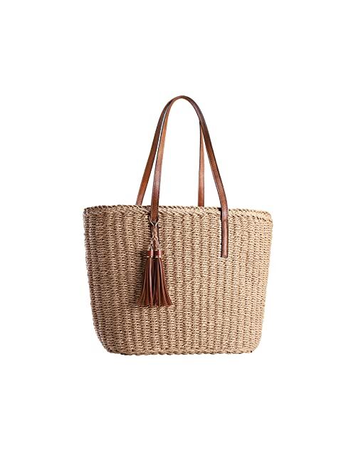 YXILEE Large Straw Bags For Women | Straw Travel Beach Totes Bag M Woven Summer Tote Handmade Shoulder Bag Handbag