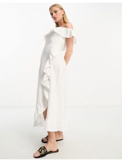 textured bardot frill midi dress in white