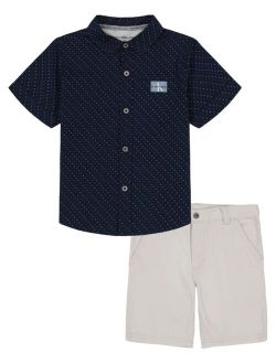 Toddler Boys Patterned Poplin Button-Front Shirt and Twill Shorts, 2 Piece Set