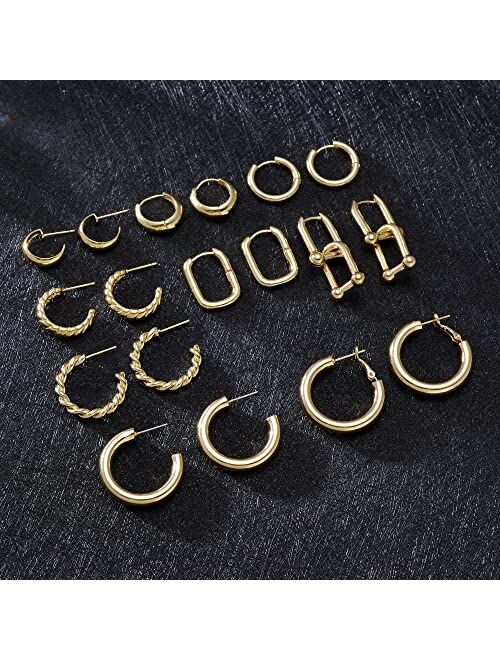Cuicanstar 9 Pairs Gold Hoop Earrings Set for Women Girls 14K Gold Chunky Open Hoop Earrings Huggie Cuff Earrings Lightweight Twisted Hoop Earrings Hoops Earrings Loop Ea