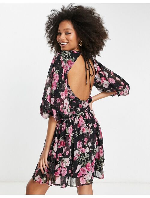 ASOS DESIGN corset detail belted mini dress with blouson sleeve with belt in black floral print
