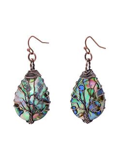Joseph Brothers Tree of Life Hand Wrapped Sea Abalone Shell Earrings for Women, French Wire Antiqued Copper