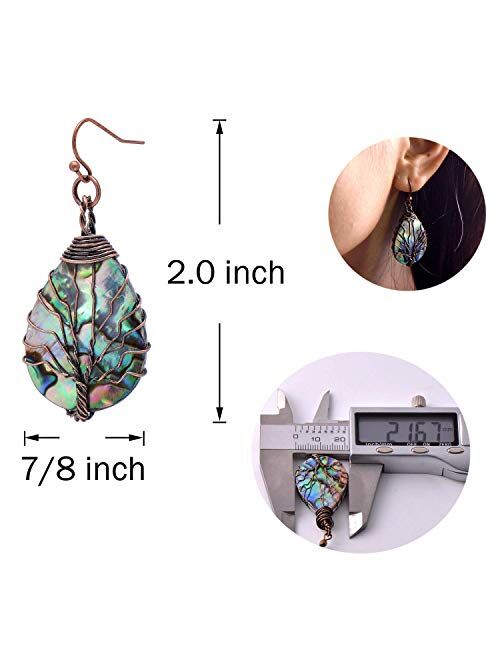 Joseph Brothers Tree of Life Hand Wrapped Sea Abalone Shell Earrings for Women, French Wire Antiqued Copper