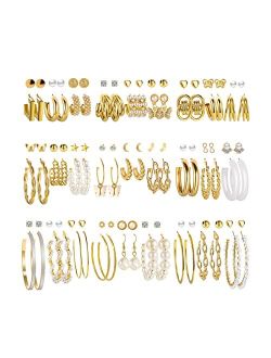 17km 54 Pairs Gold Hoop Earrings Set for Women Multipack, Boho Fashion Statement Stud Hoop Earrings Pack with Pearl Butterfly Shaped Assorted Small Big Hoop Earrings Jewe