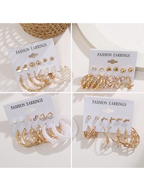 17km 54 Pairs Gold Hoop Earrings Set for Women Multipack, Boho Fashion Statement Stud Hoop Earrings Pack with Pearl Butterfly Shaped Assorted Small Big Hoop Earrings Jewe