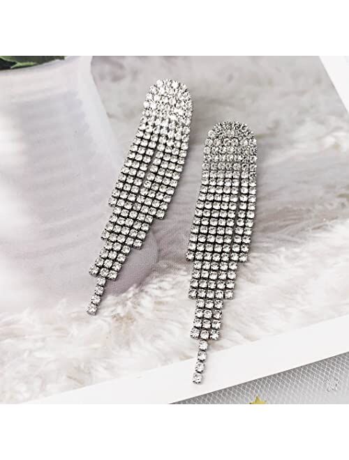 SELOVO Clear Rhinestone Crystal Boho Tassel Long Sparkle Dangle Earrings 2.8"/3.3"