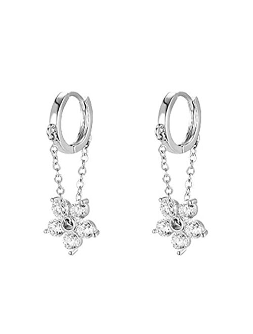 Reffeer 925 Sterling Silver Flower Chain Drop Earrings Hoop for Women Teen Girls Huggie Hoop Dangle Earrings Chain