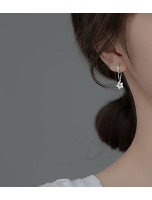 Reffeer 925 Sterling Silver Flower Chain Drop Earrings Hoop for Women Teen Girls Huggie Hoop Dangle Earrings Chain
