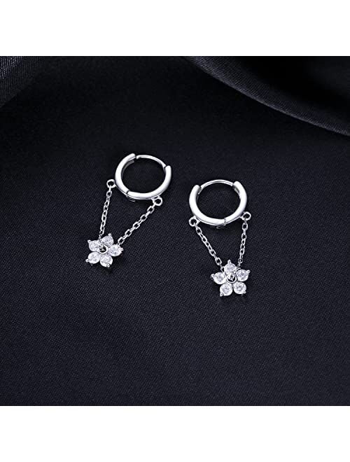 Reffeer 925 Sterling Silver Flower Chain Drop Earrings Hoop for Women Teen Girls Huggie Hoop Dangle Earrings Chain