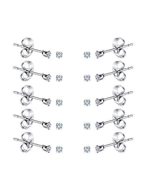 FOSIR 2-4MM Tiny Women's Stainless Steel Round Clear Cubic Zirconia Stud Earrings(6-10 Pairs)