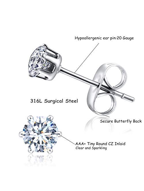 FOSIR 2-4MM Tiny Women's Stainless Steel Round Clear Cubic Zirconia Stud Earrings(6-10 Pairs)