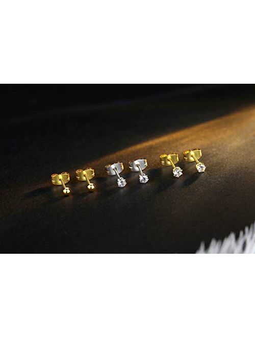 FOSIR 2-4MM Tiny Women's Stainless Steel Round Clear Cubic Zirconia Stud Earrings(6-10 Pairs)