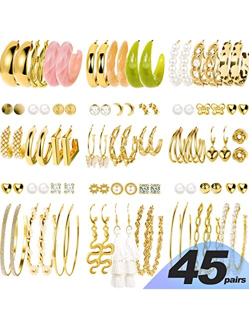 Faxhion 45 Pairs Gold Hoop Earrings for Girls Women, Chunky Twisted Small Big Hoops Earring Packs Set, Earrings for women multipack, Fashion Trendy Earrings Jewelry for B