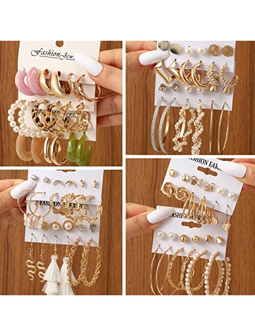 Faxhion 45 Pairs Gold Hoop Earrings for Girls Women, Chunky Twisted Small Big Hoops Earring Packs Set, Earrings for women multipack, Fashion Trendy Earrings Jewelry for B
