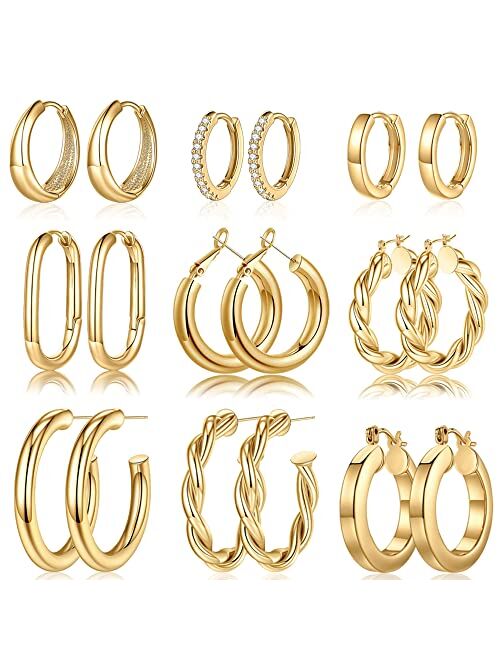 Yesteel 925 Sterling Silver Post 14K Real Gold Plated Chunky Hoop Earrings Set for Women, Hypoallergenic Thick Lightweight Hoop Earrings for Women 20/25/30/40/50/60mm Gol