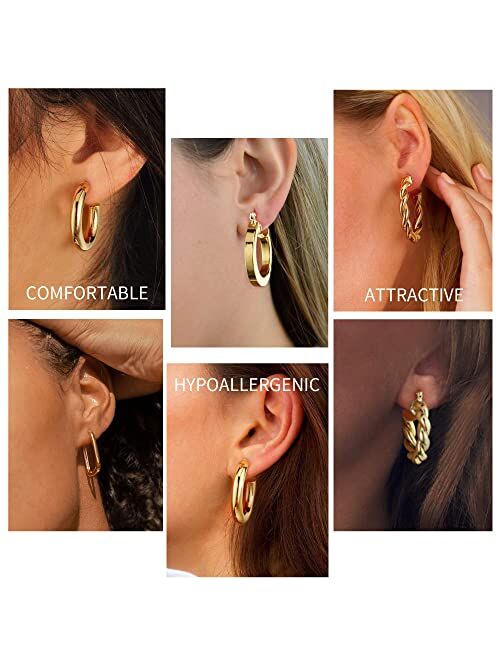 Yesteel 925 Sterling Silver Post 14K Real Gold Plated Chunky Hoop Earrings Set for Women, Hypoallergenic Thick Lightweight Hoop Earrings for Women 20/25/30/40/50/60mm Gol
