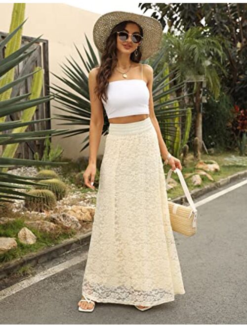 Tanming Women's Fashion High Elastic Waist A-Line Floral Lace Maxi Long Skirts