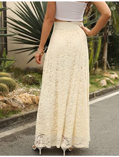 Tanming Women's Fashion High Elastic Waist A-Line Floral Lace Maxi Long Skirts
