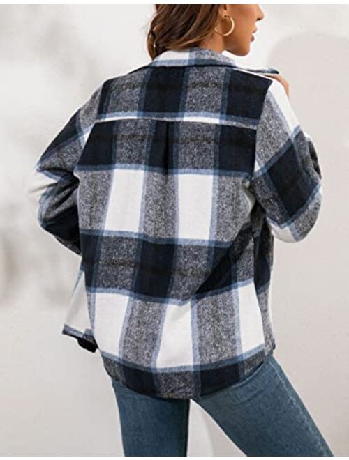 Tanming Womens Flannel Plaid Shacket Wool Blend Button Down Shirt Fall Fashion Jacket