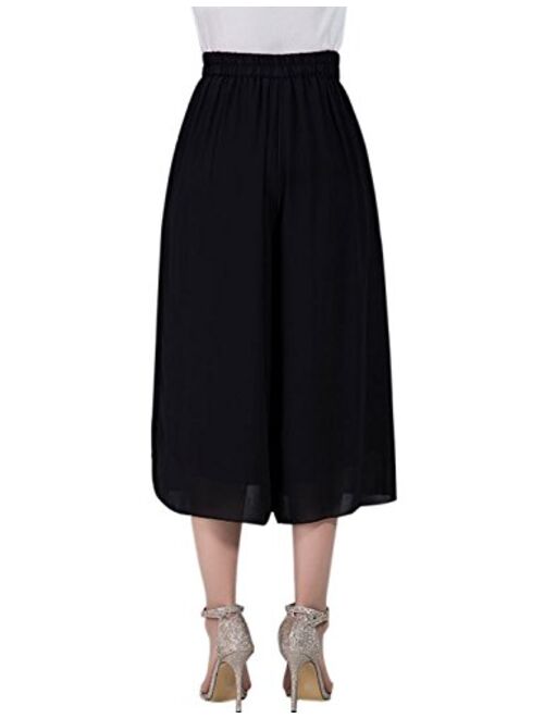 Tanming Women's High Elastic Waist Pleated Chiffon Wide Leg Capri Pants Culottes
