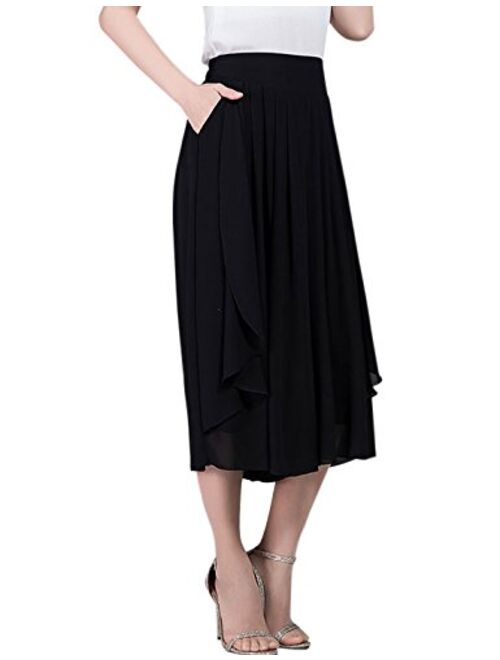 Tanming Women's High Elastic Waist Pleated Chiffon Wide Leg Capri Pants Culottes