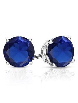 Gem Stone King 925 Sterling Silver Blue Created Sapphire Stud Earrings For Women (3.20 Cttw Round Cut 7MM)