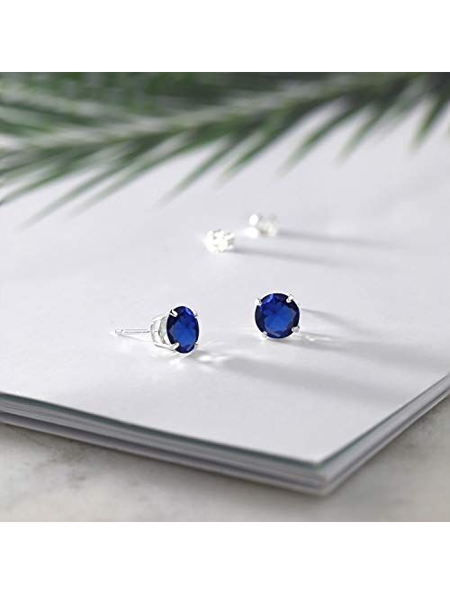 Gem Stone King 925 Sterling Silver Blue Created Sapphire Stud Earrings For Women (3.20 Cttw Round Cut 7MM)