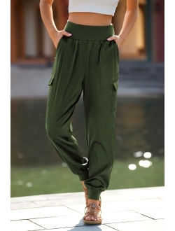 Women's Satin Jogger Pants Casual High Waist Long Lounge Pant Trousers with Pockets