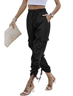 Women's Satin Jogger Pants Casual High Waist Long Lounge Pant Trousers with Pockets