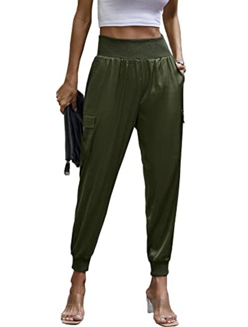 PRETTYGARDEN Women's Satin Jogger Pants Casual High Waist Long Lounge Pant Trousers with Pockets