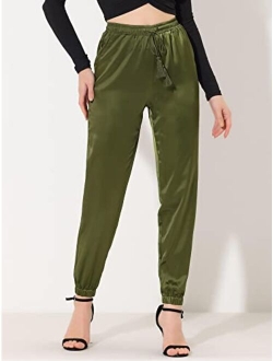 Women's Drawstring Elastic Waist Athleisure Pants Ankle Length Satin Joggers with Pocket