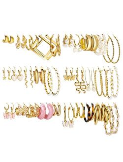 Showagain 30 Pairs Gold Hoop Earrings Set for Women Girls, Fashion Hoop Stud Drop Dangle Earrings Boho Statement Paperclip Hypoallergenic Earrings for Christmas Jewelry G