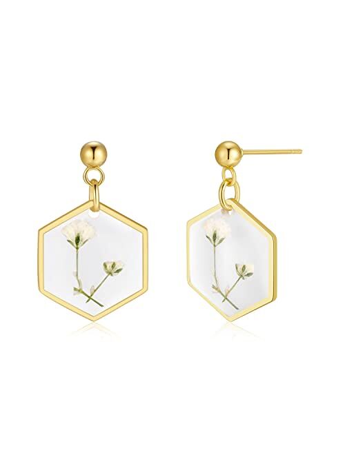 Auntesign Pressed Flower Earrings | Handmade Earrings Stud | Pressed Baby's Breath Flower Earrings | Resin Dangle Earrings for Woman | Symbol of Love and Innocence | Gift