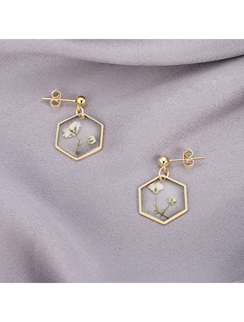 Auntesign Pressed Flower Earrings | Handmade Earrings Stud | Pressed Baby's Breath Flower Earrings | Resin Dangle Earrings for Woman | Symbol of Love and Innocence | Gift