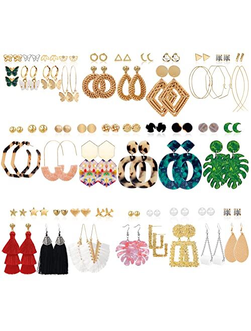 AROIC 55/60/72 Pairs Fashion Earrings Set with Leopard Hoop Stud Jacket Earrings,Bohemian Tassel Dangling Earrings for Women Girls Jewelry Valentine Birthday Party Gift