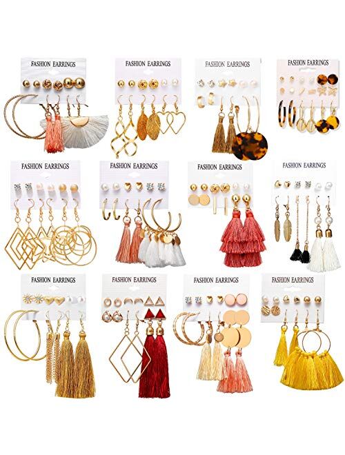 AROIC 63/75/93 Pairs Fashion Earrings with Tassel Earrings Layered Ball Dangle Hoop Stud Jacket Earrings for Women Girls Jewelry Fashion and Valentine Birthday Party Gift