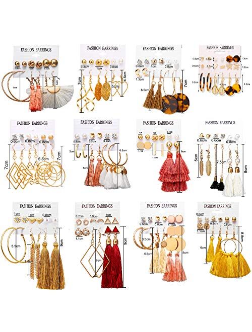 AROIC 63/75/93 Pairs Fashion Earrings with Tassel Earrings Layered Ball Dangle Hoop Stud Jacket Earrings for Women Girls Jewelry Fashion and Valentine Birthday Party Gift