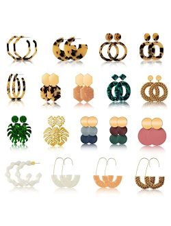 Ponpon 6-18 Pairs Earrings for Women, Lightweight Summer Earrings Straw Earrings Fashion Geometric Statement Hoop Dangle Drop Earrings for Women
