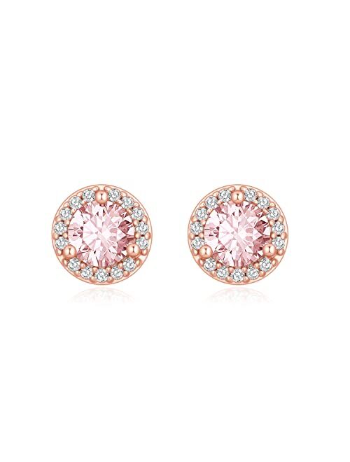 Gloffery 18K Rose Gold Earrings for Women with Created-Morganite, Plated 925 Sterling Silver Studs, Elegant Wedding Meeting Jewelry, Gifts for Women, Anniversary Birthday